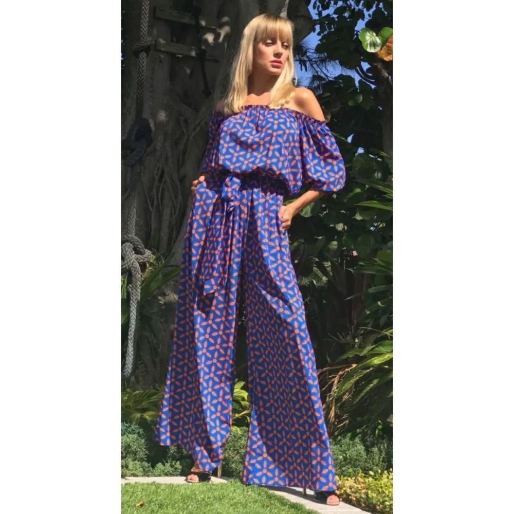 Kristina Mak Purple Silk Like Off Shoulders Jumpsuit Size M
